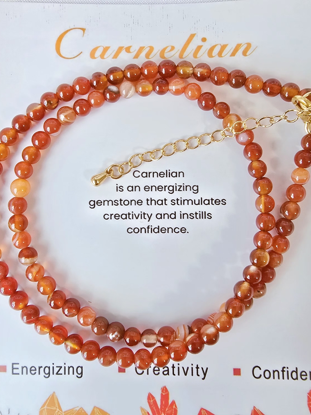 Carnelian Beaded Necklace with Gold-plated  Chain, Bracelet Women Jewelry